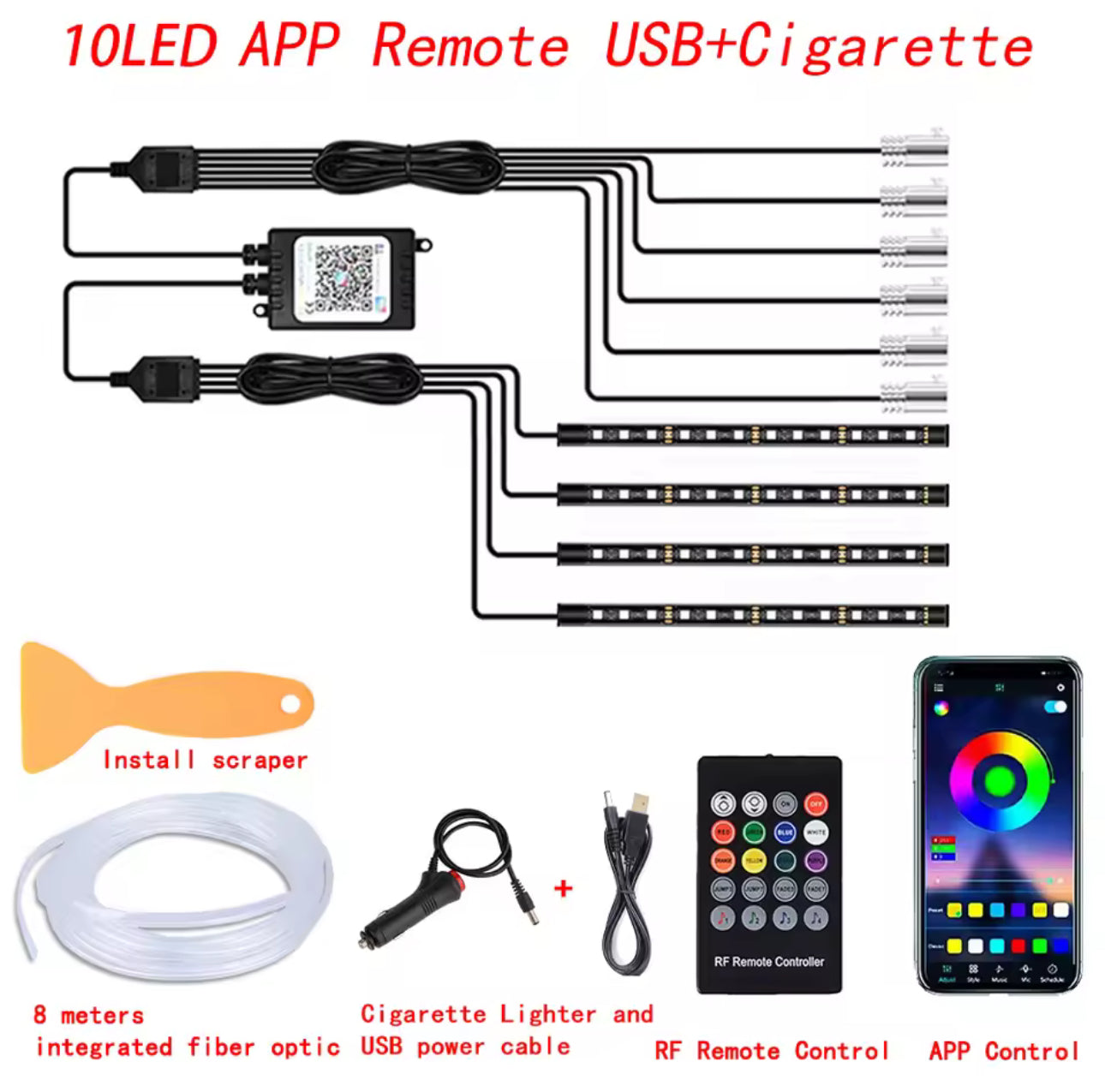 Kit fibre optique Pro LED intérieur voiture RGB APP + commande